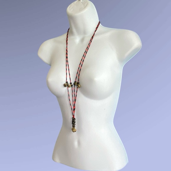 Pair Boho Bead Necklaces Brass Bells Red Black Seed Beads Set Of Two - Picture 7 of 8